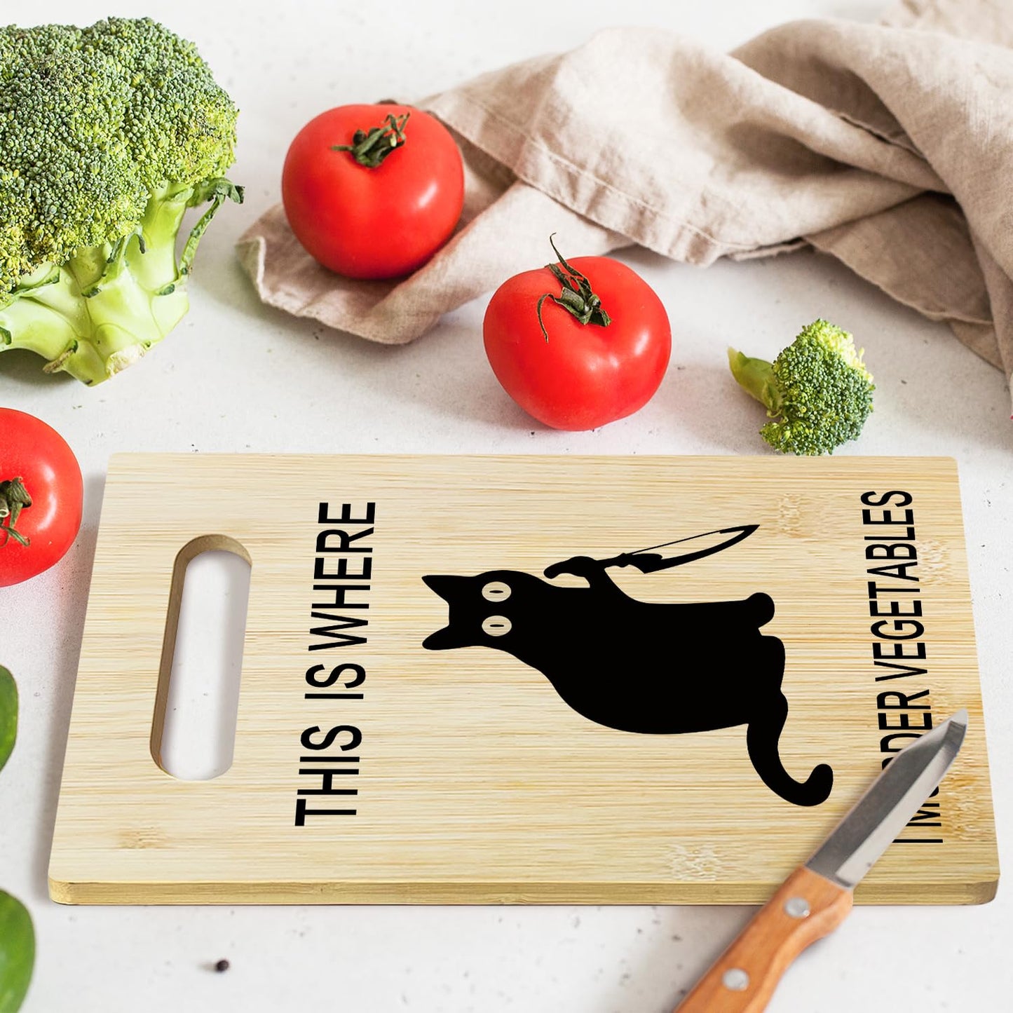 Funny Black Cat Bamboo Cutting Board for Kitchen, This is Where I Murder Vegetable Charcuterie Boards, Christmas Halloween Housewarming Gifts for Cat Lovers Friends Couple Women -011