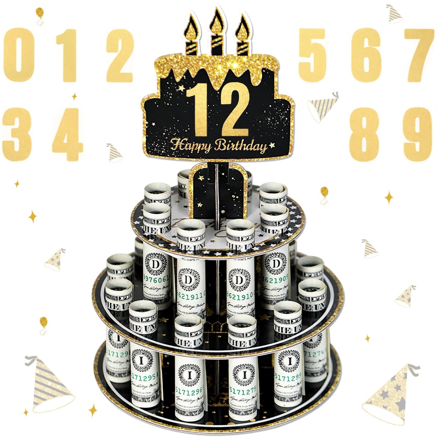 Crafterlife Birthday Cash Cake for Birthday Gifts, Money Holder Stand Ideas for Give Cash Gift, Surprise Personalized Money Box with 0-9stickers Variable Age for Her Him Birthdays Party Decorations