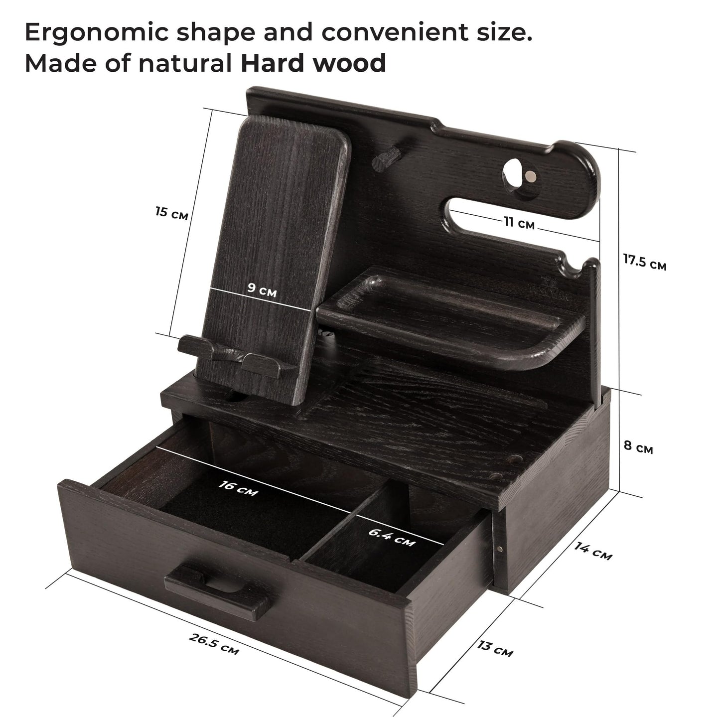 TESLYAR Wood Phone Docking Station with Drawer - Nightstand Organizer - Desk Organizer for Husband - Birthday Gifts for Men, Dad, Anniversary Idea, Key Holder Stand Watch & Accessories (Granite Black)