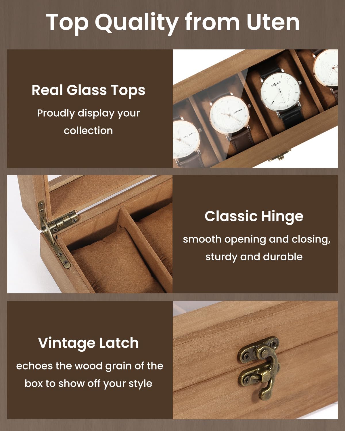 Uten Solid Wood Watch Box, 6 Slot Watch Case with Soft Pillow, Watch Display Case with Glass Lid, Watch Holder Organizer, Watch and Jewelry Storage, Gift Ideas, Brown
