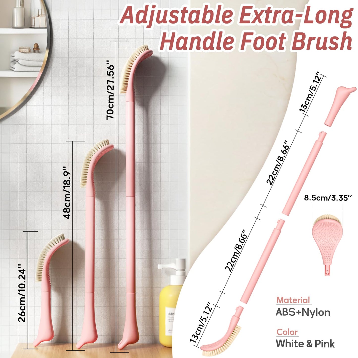 GEENOA Foot Brush/Foot File/Silicone Body Scrubber Set(3PCS), 3-in-1 Foot Scrubber with Long Handle, 10.2’’-27.5’’Adjustable Foot Scrub Brush with Foot File and Silicone Loofah, Gift-Box(Pink Set)