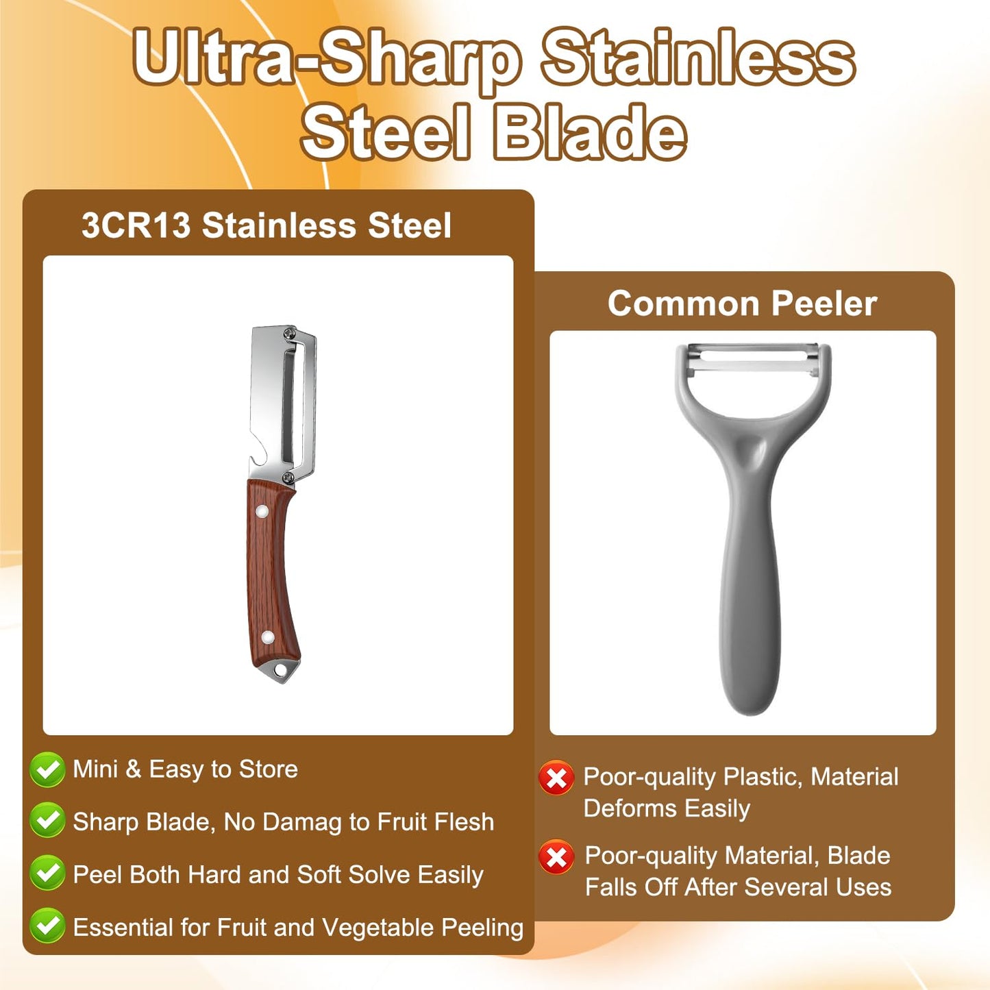 2026 Upgrade Premium Vegetable Peeler with Wooden Handle and Bottle Opener, Multifunctional 3-in-1 Stainless Steel Kitchen Tool for Fruit Apple Potato Pumpkin Papaya (Wood Grain + Black Pattern)