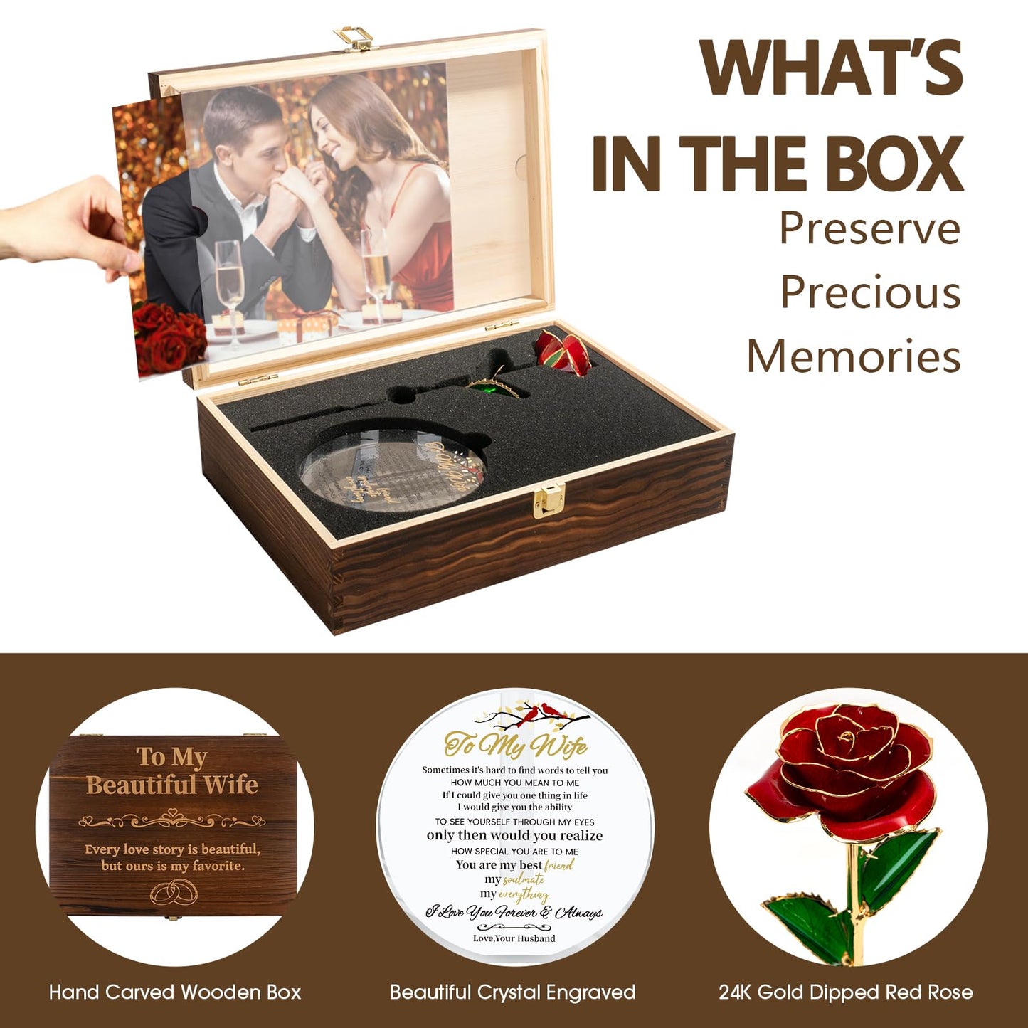 EVA murmure To My Beautiful Wife Women Engraved Wooden Gift Set Includes Crystal Base 24K Gold Dipped Rose for Birthday Gifts & Anniversary