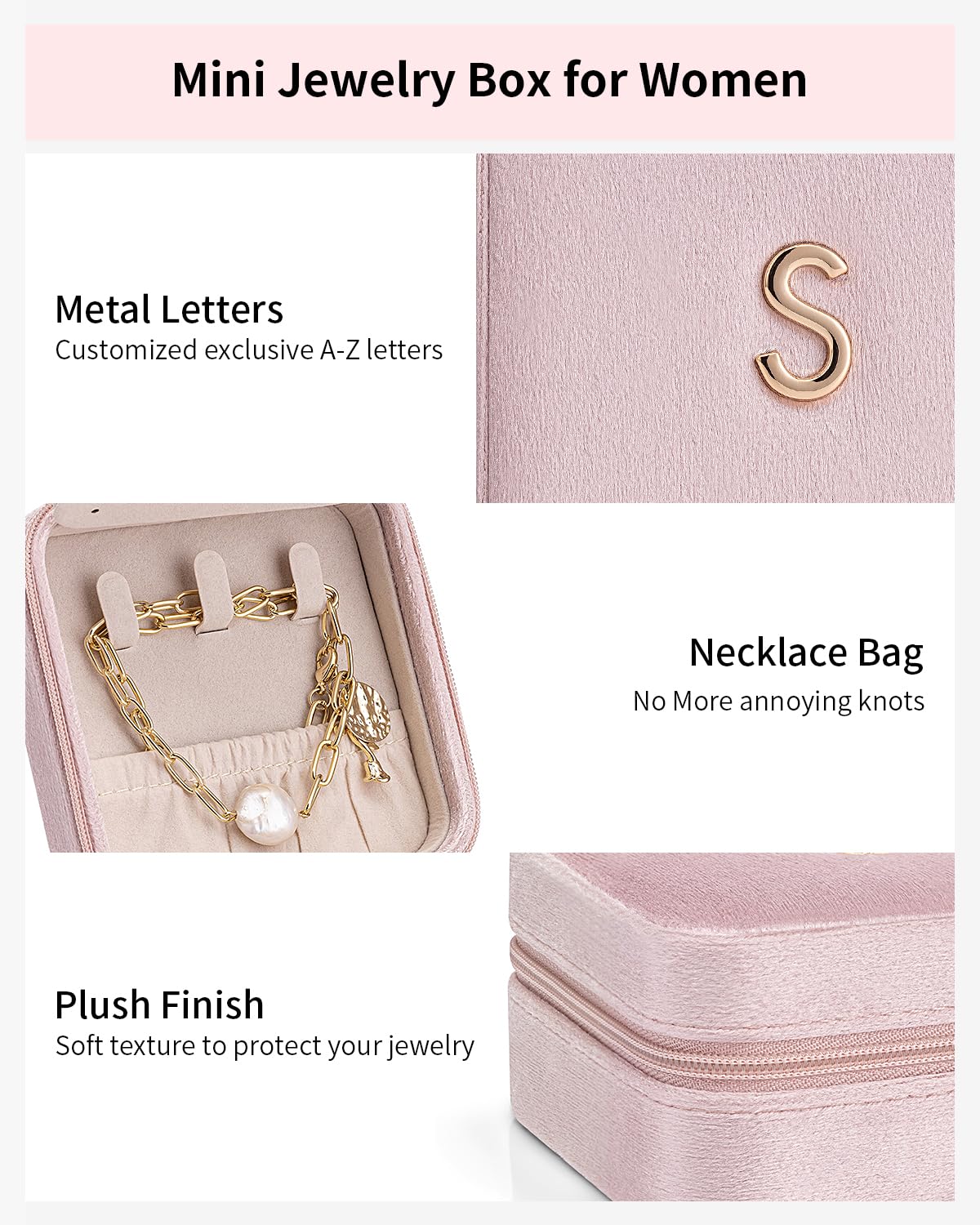 VLANDO Mothers Day Mom Gifts for Women, Travel Jewelry Case for Women, A Initial Jewelry Case, Mini Jewelry Travel Organizer Travel Essentials for Travel Gift- Letter A, Pink