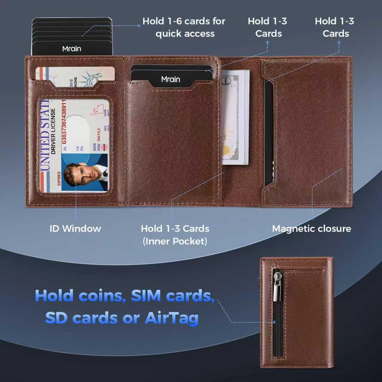 Mrain Mens Minimalist Slim Wallet Card Holder with Coin Pocket, Cash Slot, Magnetic Closure, Pop Up Aluminum Case, ID Window, Leather Wallet, RFID Blocking, 9-13 Card Capacity, Wax Brown