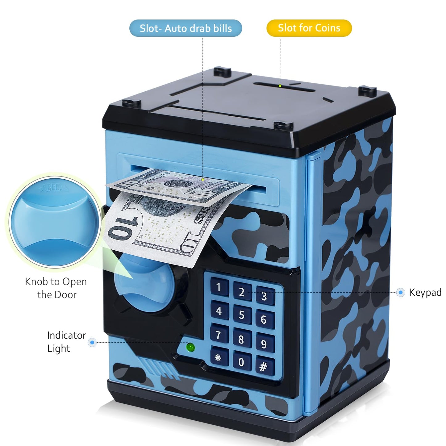 ATM Piggy Bank for Boys Girls, Vcertcpl Mini ATM Coin Bank Money Saving Box with Password, Kids Safe Money Jar for Adults with Auto Grab Bill Slot, Great Gift Toy Bank for Kids (Camouflage BlueGray)