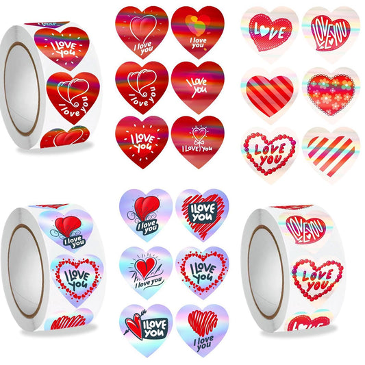 Glitter & Holographic Red Heart Shaped Stickers with “I Love You “Stickers 600PCS 1" 18 Designs for Valentine's Day, Mother's Day Gifts, Wedding Decor, Envelopes,Invitations & Scrapbook