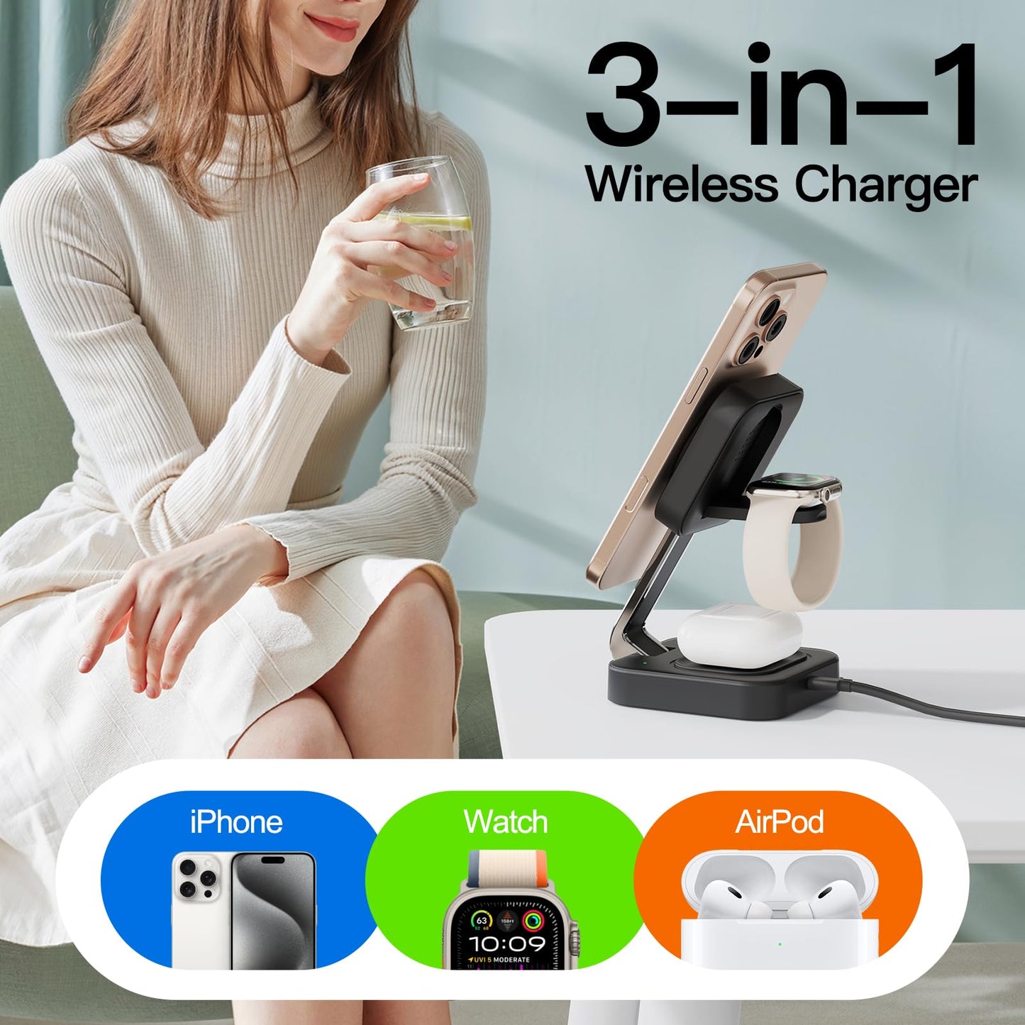 RYND 2026 Traveling Wireless Mag-Safe Fast Charging Station,Magnetic 3 in 1 Charger with iPhone 17 16 15 14 13 12 Pro Max Plus,Apple Watch Series & Air pods 4 3 2 Pro-Gifts for Wife & Husband(Black)