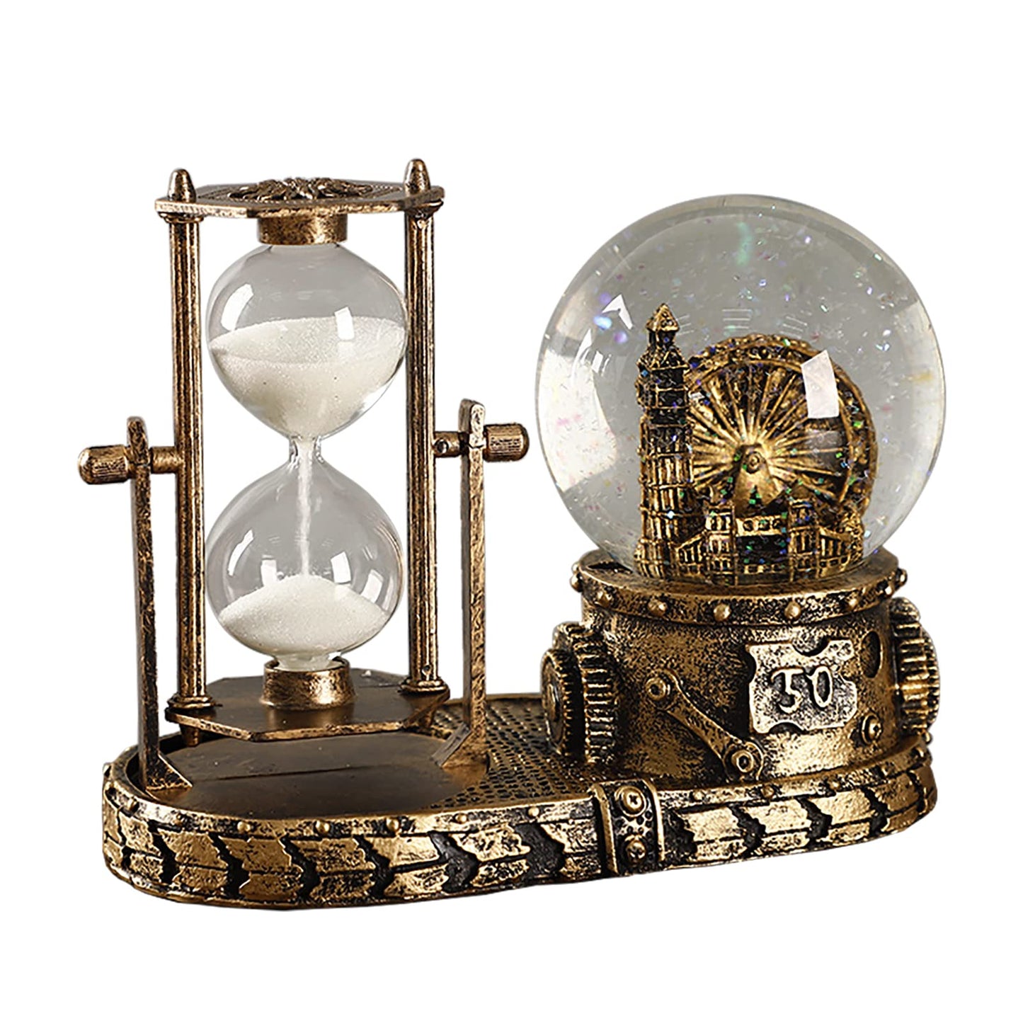 LED Music Crystal Snow Globe with Hourglass Timer Home Decoration for Living Room Bedroom Book Shelf TV Cabinet Desktop Decor Statue Figurine Table Centerpieces Ornaments (J - Brass)