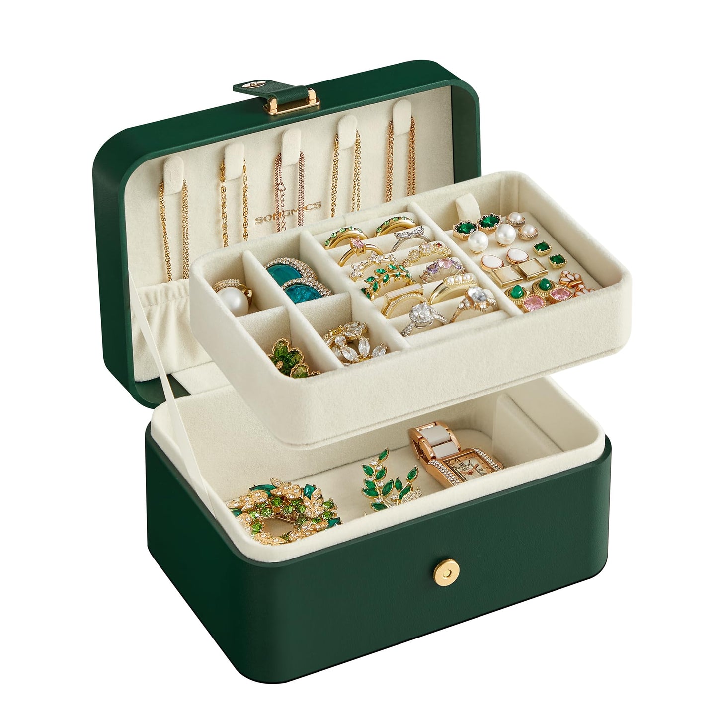 SONGMICS Jewelry Organizer Box, Travel Jewelry Case, 2-Layer Travel Case for Earrings, Necklaces, Bracelets - Portable Jewelry Storage with Large Capacity, Gift Idea, Forest Green UJBC166C01