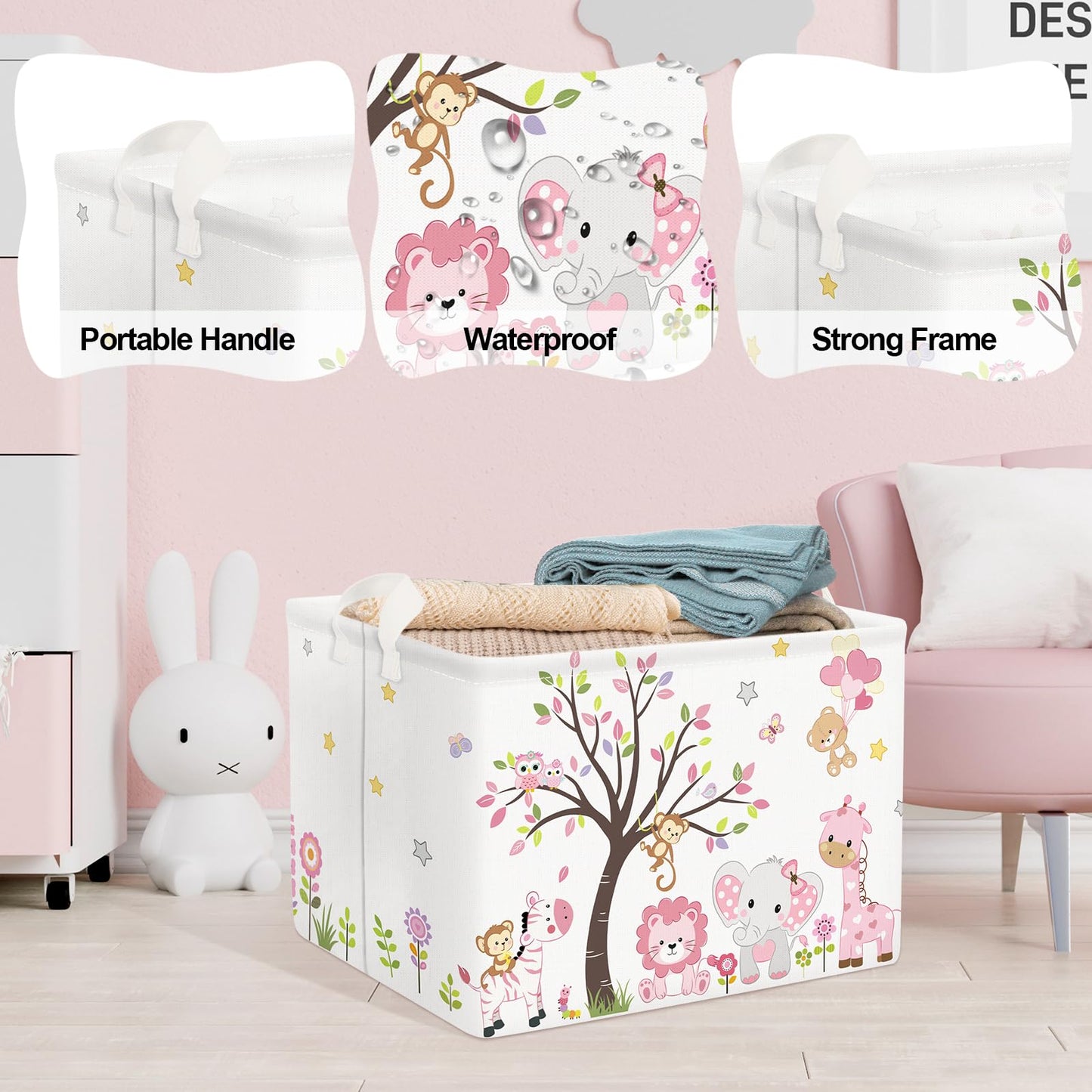 Clastyle Collapsible Large Pink Woodland Animal Baby Girl Bakset Jungle Animals Lion Giraffe Book Shelf Basket with Handle Rectangle Toy Clothes Cube Storage Basket for Kids Room