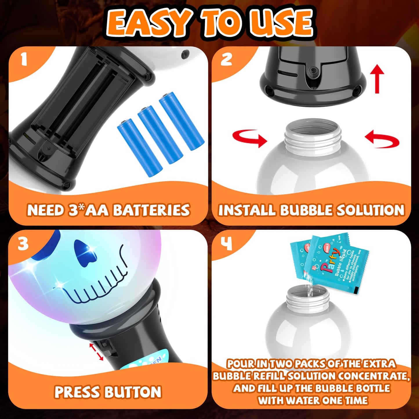 SpringFlower Halloween Toy,Bubble Blower Wand,6.7 Inch Illuminating Bubble Maker with LED Light-Up Effect for Kids,Halloween Bubble Party Favor,Pumpkin & Skull Design, 2 Pack