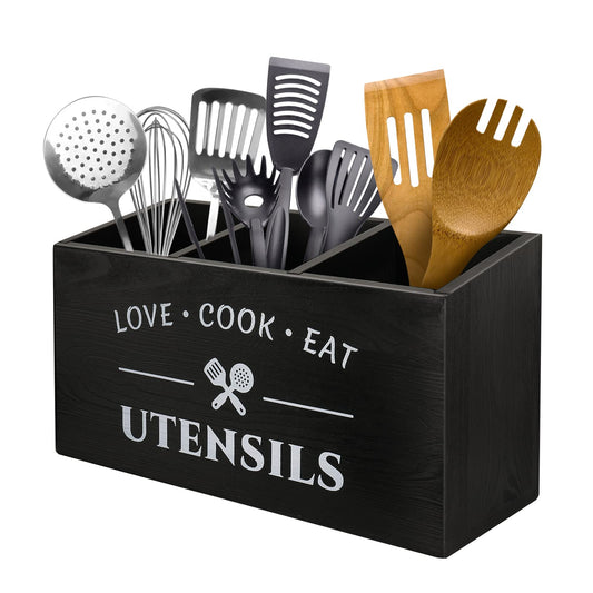 MINCORD Kitchen Utensil Holder with 3 Compartments, Rustic Wooden Storage Organizer Box Vintage Cutlery Farmhouse Flatware Utensil Caddy Countertop for Silverware Fork Spoon Spatula