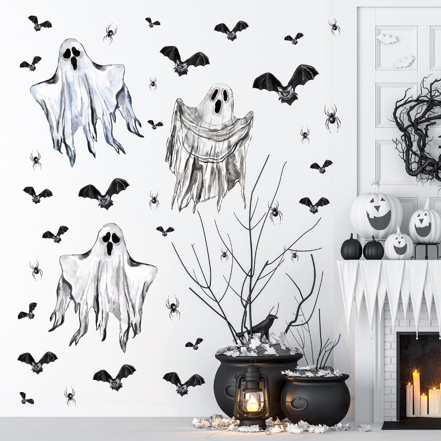 Halloween Wall Decoration Stickers Large Bats Ghost Wall Decals Decoration Peel and Stick Halloween Party Indoor Decor Supplies Happy Halloweens Vinyl Decals for Haunted House Window Winter Hoilday