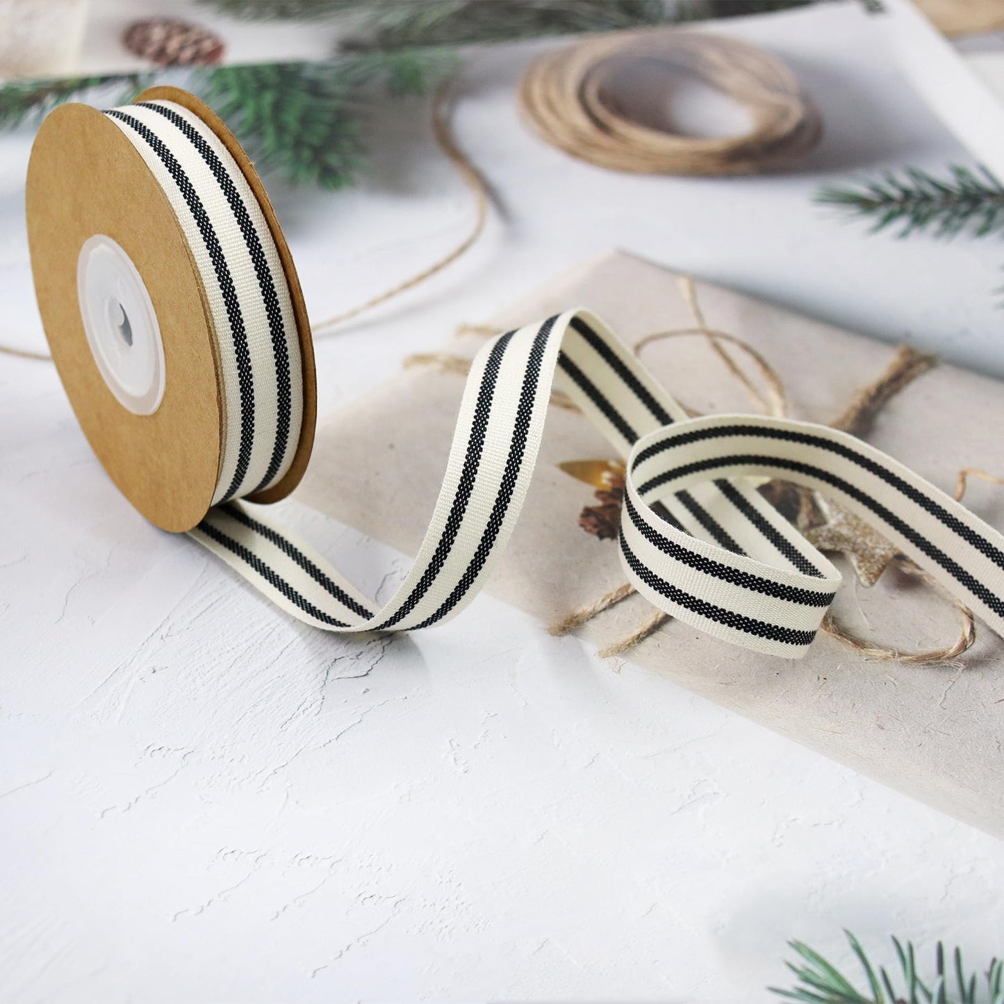 YERELO 10Yard x 4Roll Set Cotton Stripe Ribbon Black and White Stripe Ribbons for Christmas Tree Crafts,Wedding Wreath,Gift Wrapping,Decoration and DIY Handmade Hair Bows
