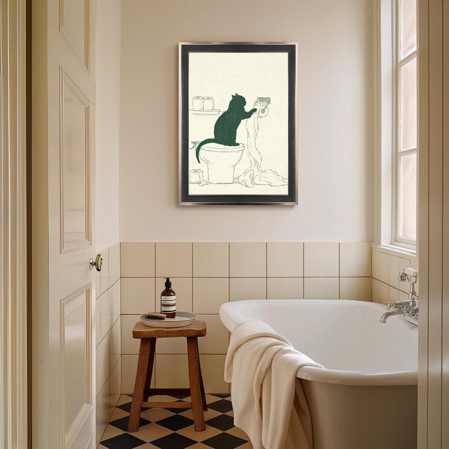 Framed Funny Cat Bathroom Wall Art Minimal Black Cat Toilet Paper Sketch Line Drawing Canvas Print Humorous Decor for Bathroom Guest Toilet Ready to Hang 12inx16in
