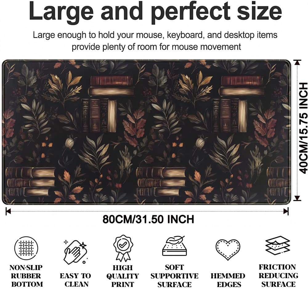 Vintage Plant Desk Mat Gaming Large Mouse Pad, Vintage Books Gothic Desk Pad Bookcase Mouse Mat XXL Laptop Keyboard Pad, Laptop Keyboard Mousepad Aesthetic Accessories for Women 31.5" X 15.7"