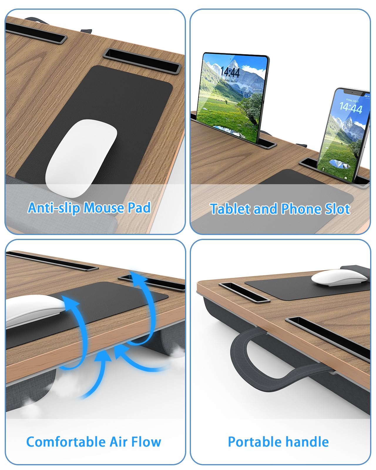 Laptop Lap Desk, Portable Large Laptop Desk for Bed, Up to 17 in Lap Table with Wrist Rest, Mouse Pad, Tablet Phone Slot, Portable Handle, Cushion (Dark Brown Woodgrain)