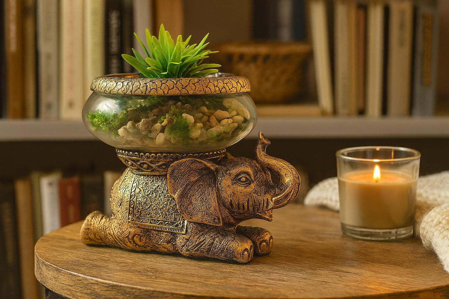 The Nifty Nook Good Luck Elephant Glass Bowl Gold Antiqued Polyresin Decorative Figurine with Removable Glass Bowl Terrarium, Candle Holder, or Tabletop Aquarium Home Decor with Gift Box