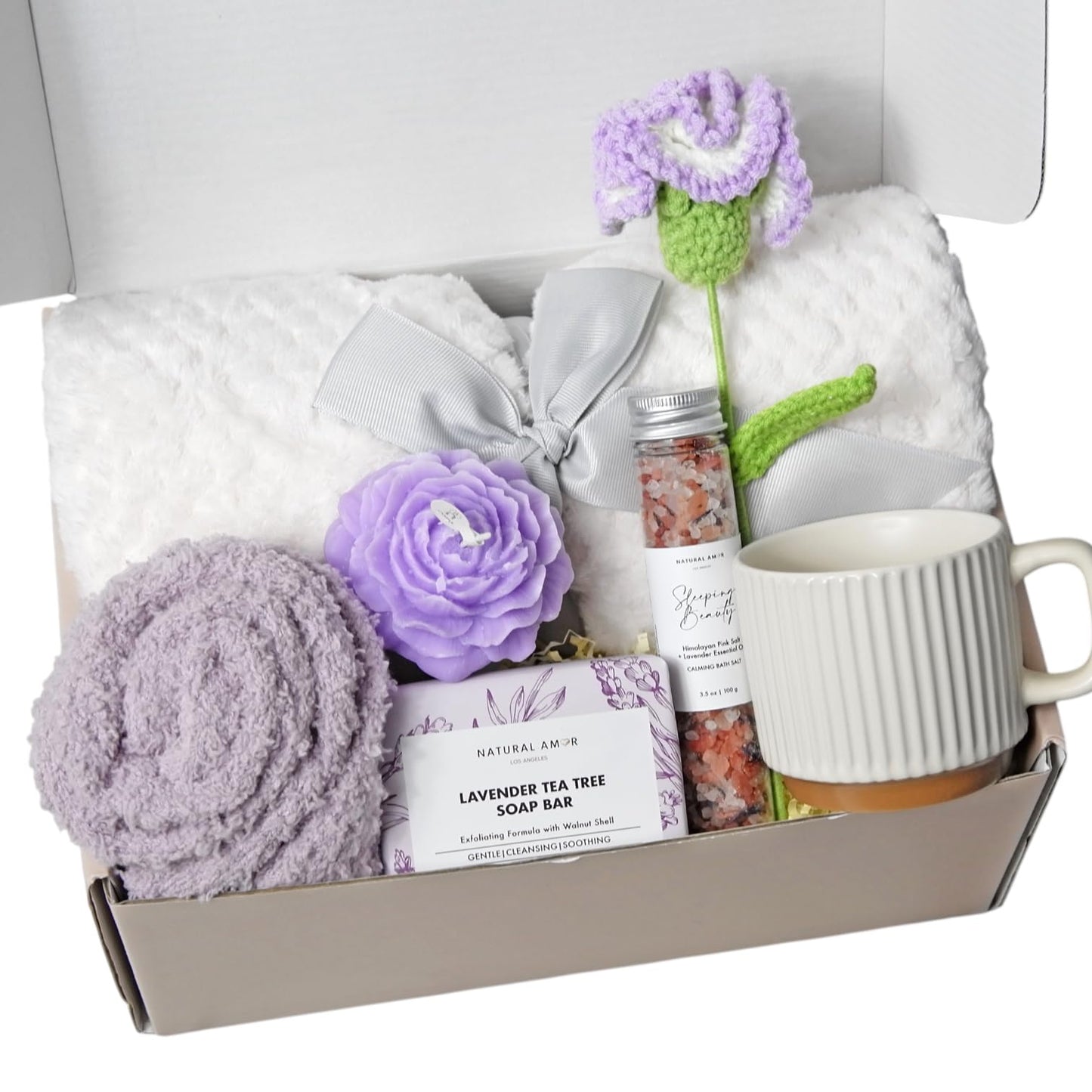 Sending Hugs Care Package for Women – Cozy Blanket Gift Box with Knitted flower, Soap, Bath Salt, Candle & Fluffy Socks | Self Care Spa Set, Birthday, Get Well Soon, Thinking of You Gift for Her