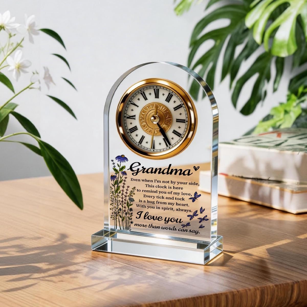 Grandma Gifts Acrylic Desk Clock, Wildflower Butterfly Quote Table Decor from Granddaughter Grandson, Mothers Day Suitable Gifts for Great-Grandma birthday, Christmas, and Thanksgiving, 4.3 x 7.8 in