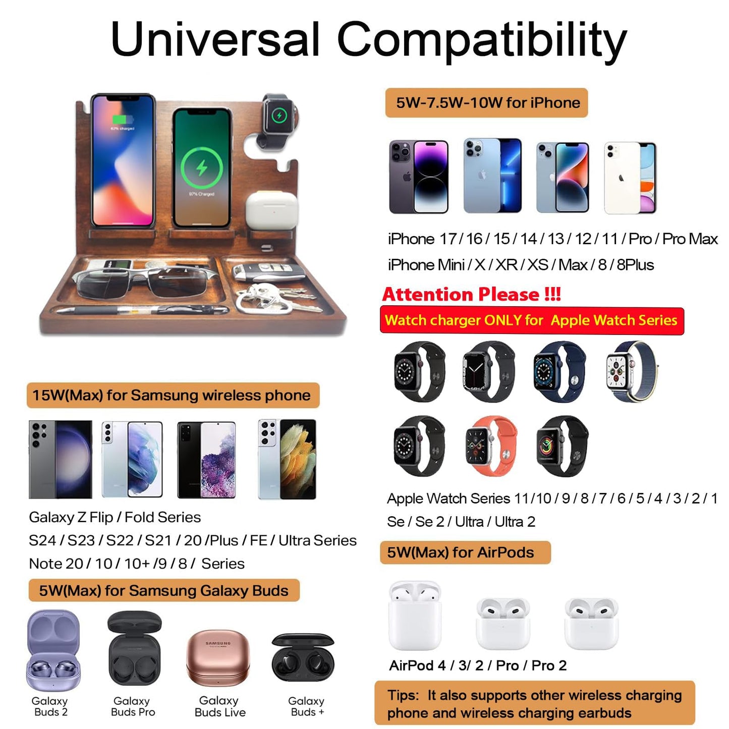 Xunhomon Wireless Charging Station,Wood Phone Docking Station for Men,Nightstand Organizer Charging Station with 4 Wireless Charger Fast Charging for iPhone/Samsung/Apple Watch/Earbuds,Gifts for Men