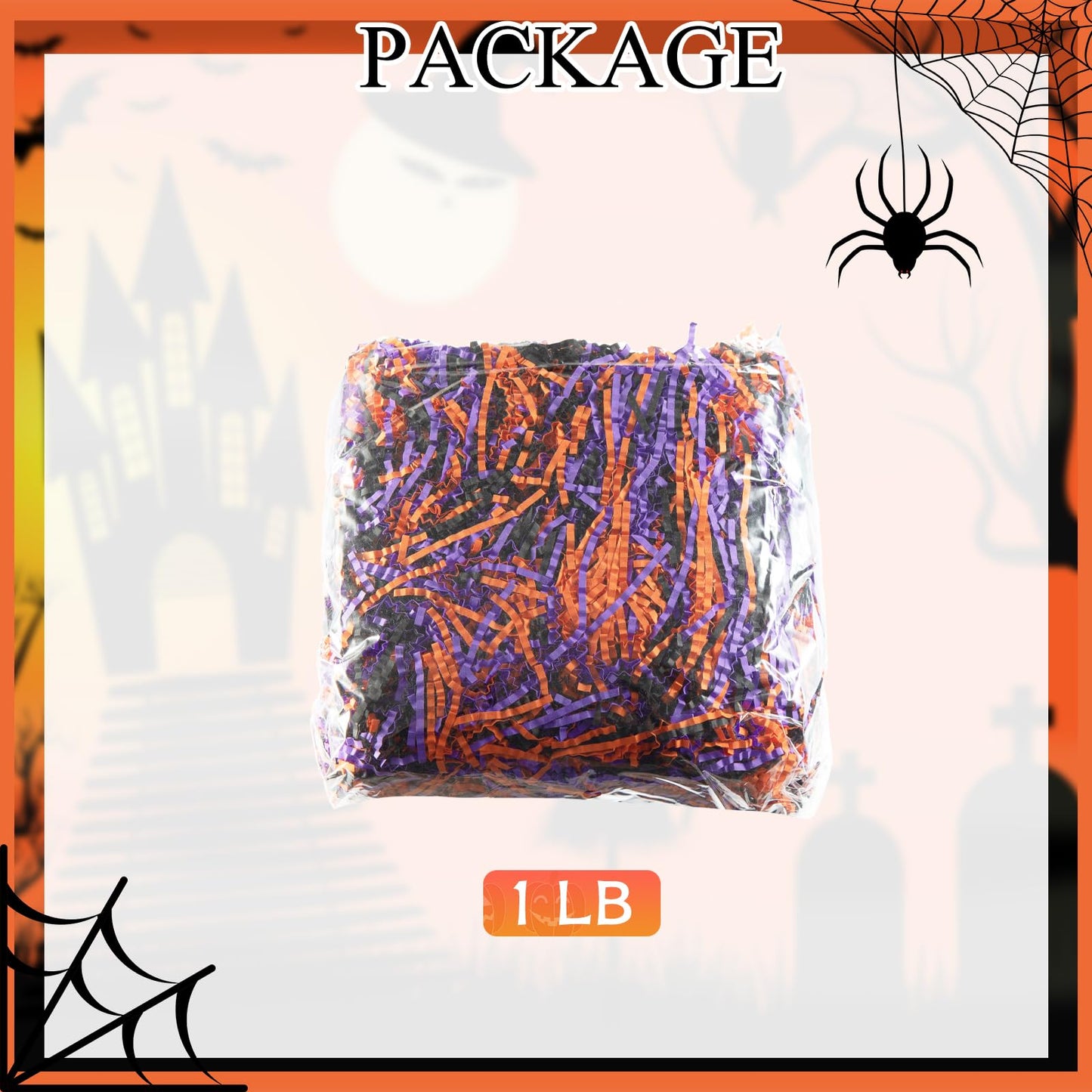 Gloreyan 1LB Halloween Crinkle Cut Paper Shred, Black Orange Purple Raffia Paper Sherd Filler Grass for Gift Wrapping Basket Filling Birthdays Weddings Party Supply