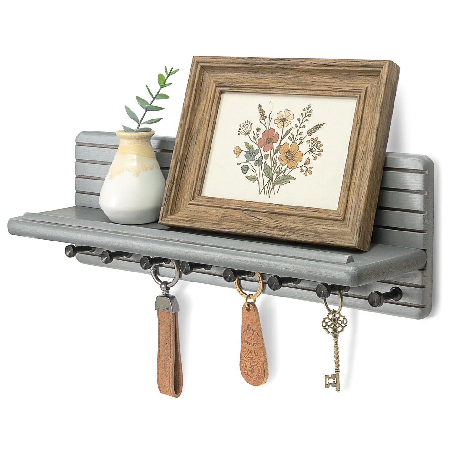 Rebee Vision Stylish Key Holder Wall Mount for Room Decor – Farmhouse Key Hanger with 8 Durable Hooks & Floating Shelf – Modern Hanger Organizer for Entryway, Living Room, or Office Decor (Gray)