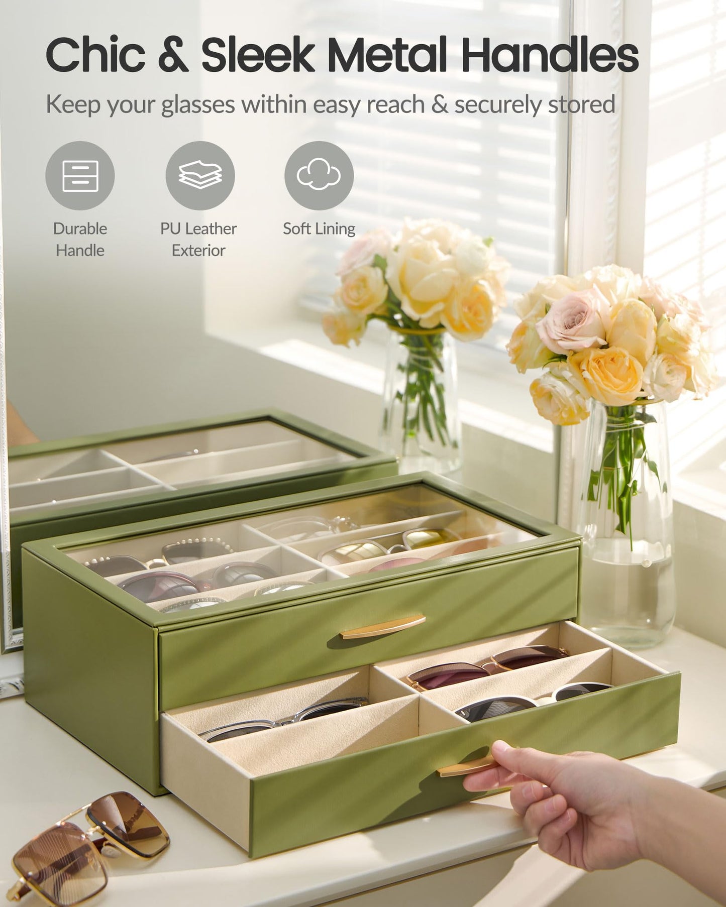 Lolalet 12 Slots Women’s Sunglasses Organizer with Enlarged Compartment, 2-Layer Eyewear Storage Box, Glasses Case Display Holder with Clear Lid for Eyeglass Collection, Mothers Day Gifts -SageGreen