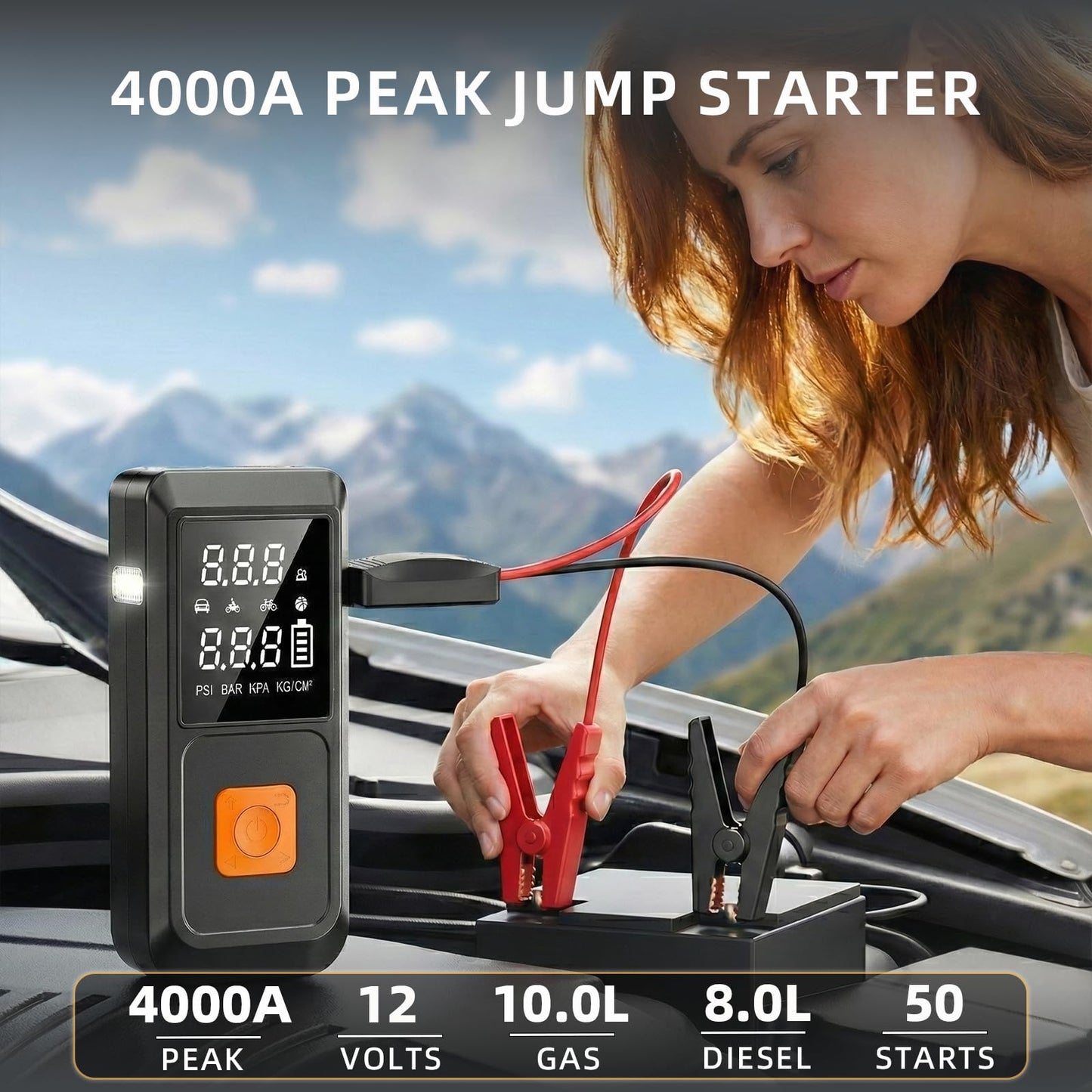 GOLDFOREST 4000A Jump Starter with Air Compressor, Portable Car Battery Jumper Starter (10L Gas/8L Diesel), 150PSI Jump Box with Auto-Shutoff Tire Inflator, LED Light, Power Bank - Car Emergency Kit