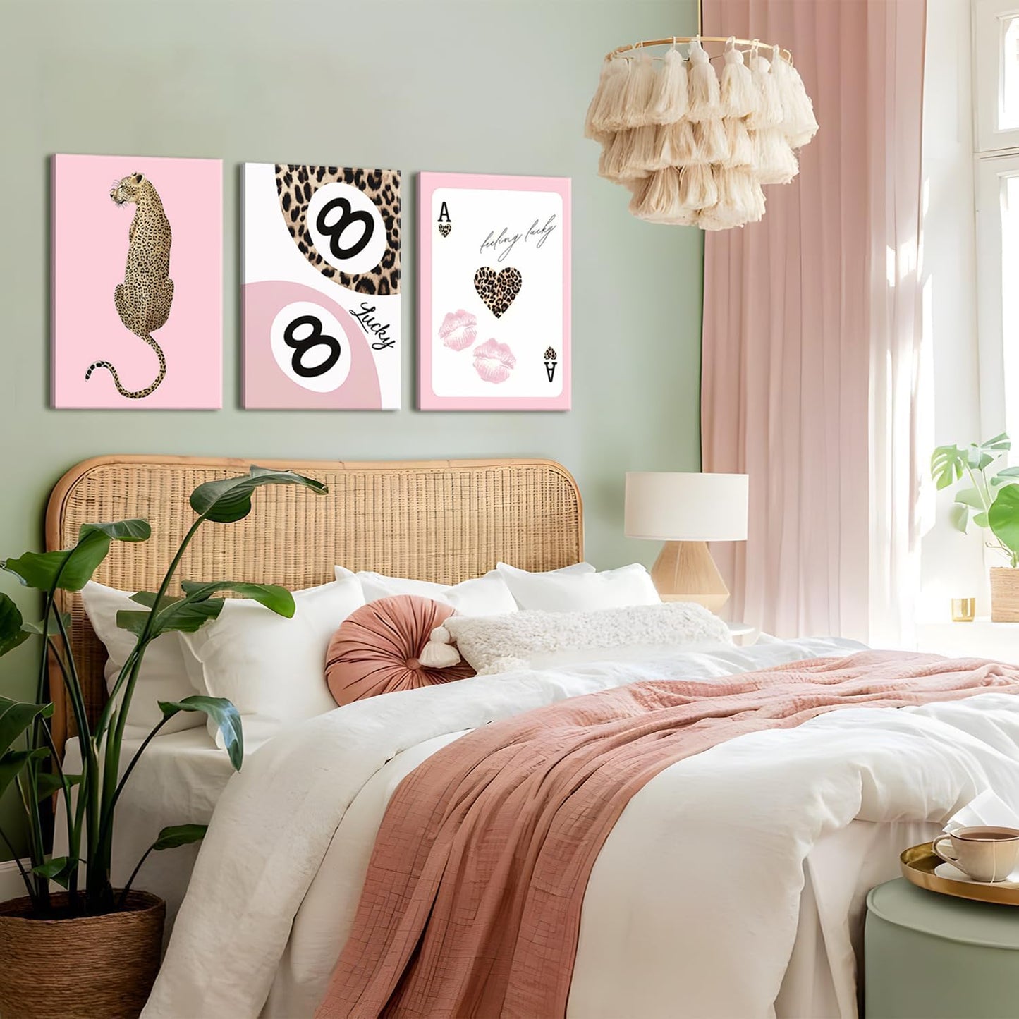 Trendy Leopard Canvas Wall Art Set of 3 - Pink Cheetah Prints Wall Decor Pictures, Funky Lucky You 8 Ball Poster Preppy Aesthetic Paintings, for Girls Bedroom Dorm Apartment 12x16 inch Framed