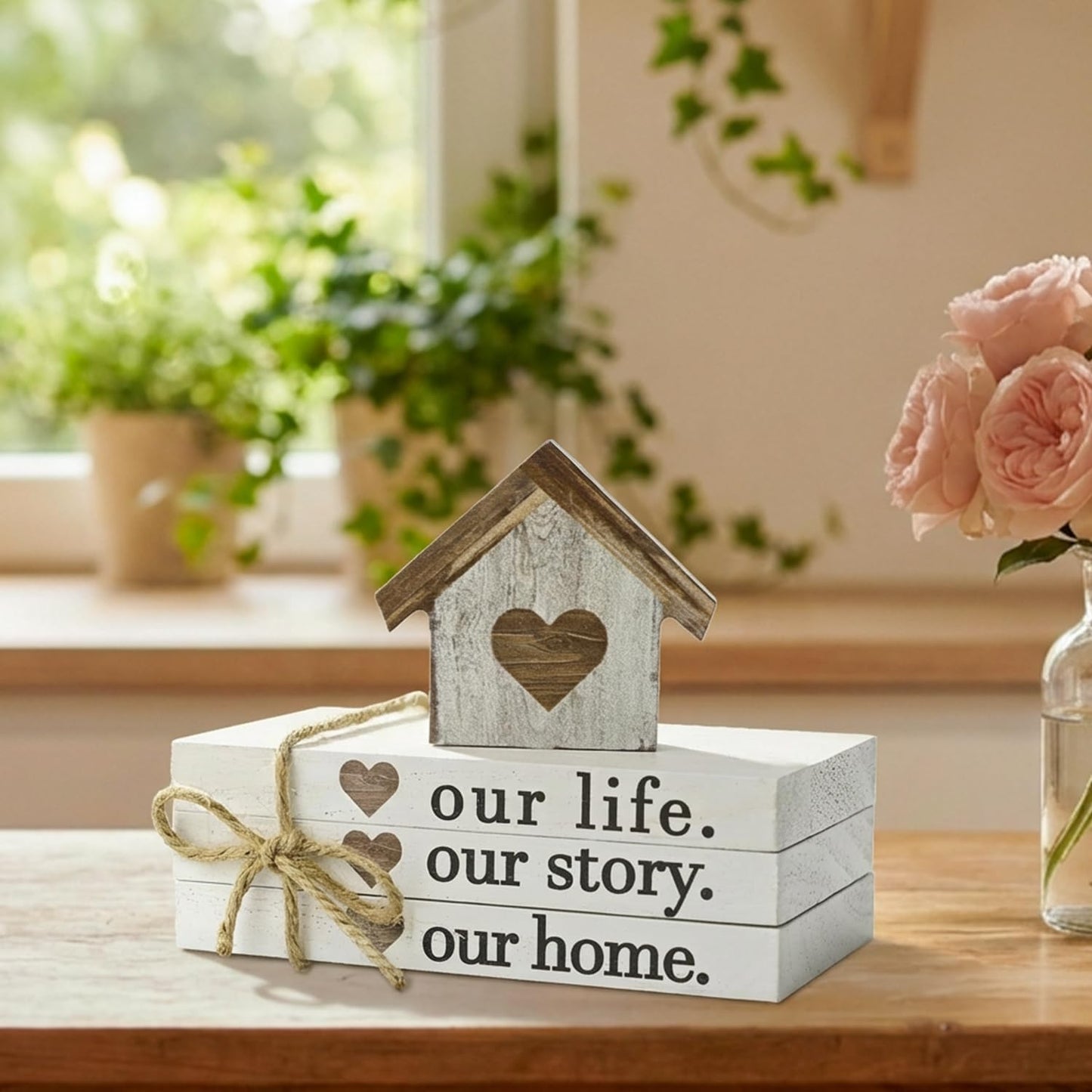Smile Farmhouse Wooden Tabletop Decor Our Home Our Story Our Famliy Table Centerpiece, Block Sign Tiered Tray Decoration for Kitchen Shelves Desk Mantel