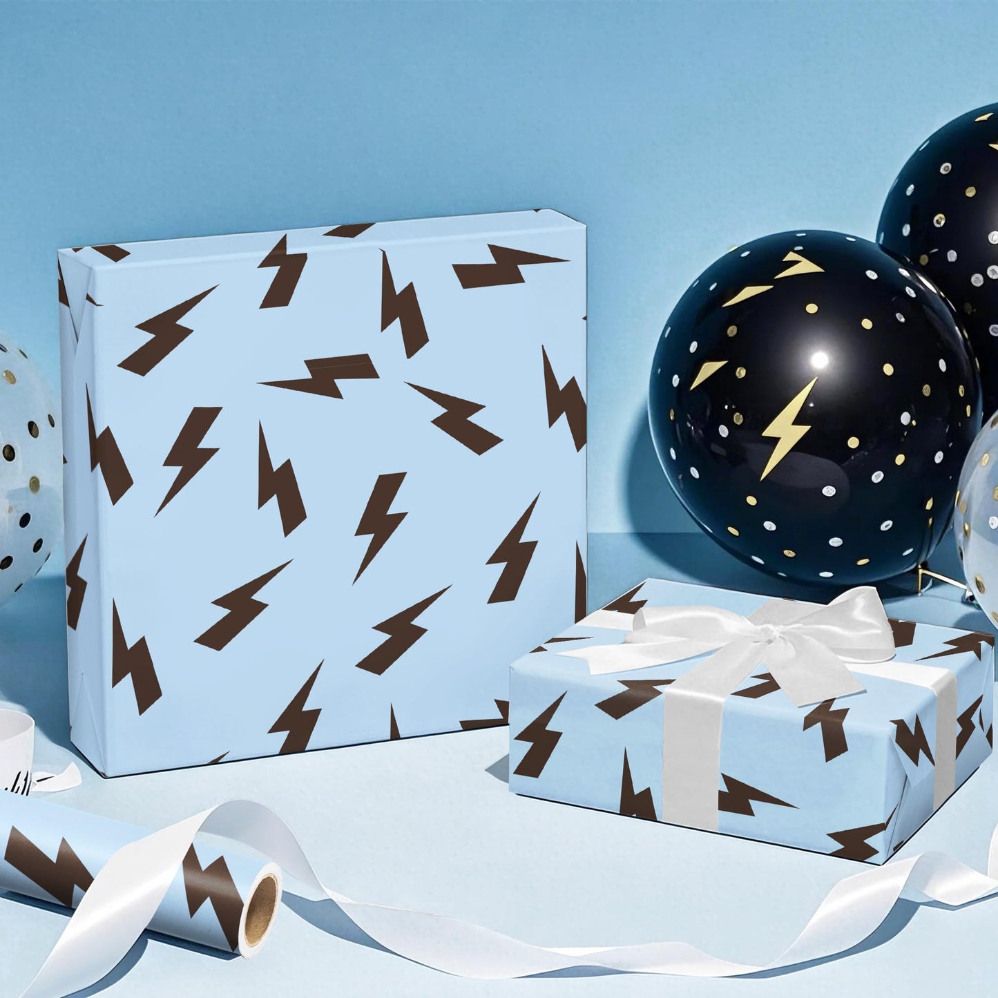 WRAPAHOLIC Lightning Bolts Wrapping Paper Roll - Mini Roll - 17 Inch x 16.5 Feet - Blue and Black Birthday Wrapping Paper Perfect for Men Boy Birthday, Baby Shower (Pack of 2)