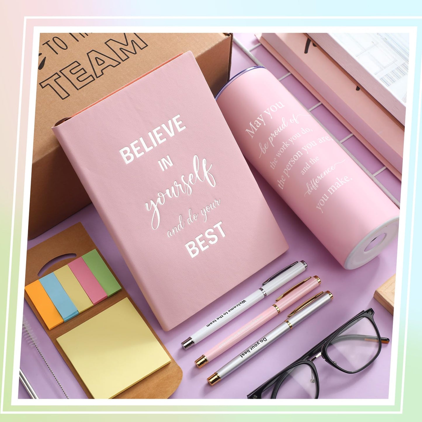 Teenyyou 7 Pcs New Employee Welcome to The Team Gift Set for Him or Her Welcome to The Team Gift Box Holiday Gifts Include 20oz Tumbler Notebook Pens and Sticky Note for New Employee Worker(Pink)