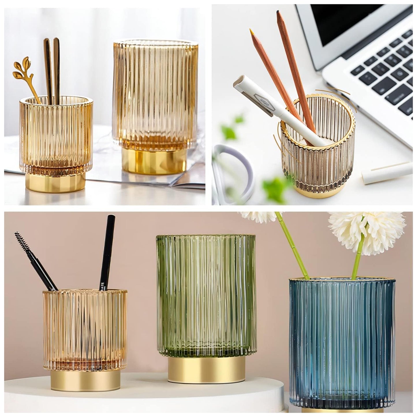 DASITON Makeup Brush holder Organizer,Crystal Cosmetic Makeup Brush Glass Brushes Storage Holder, Vintage Make Up Brush Cup Pen Pencil Holder striped vase(Coffee S)