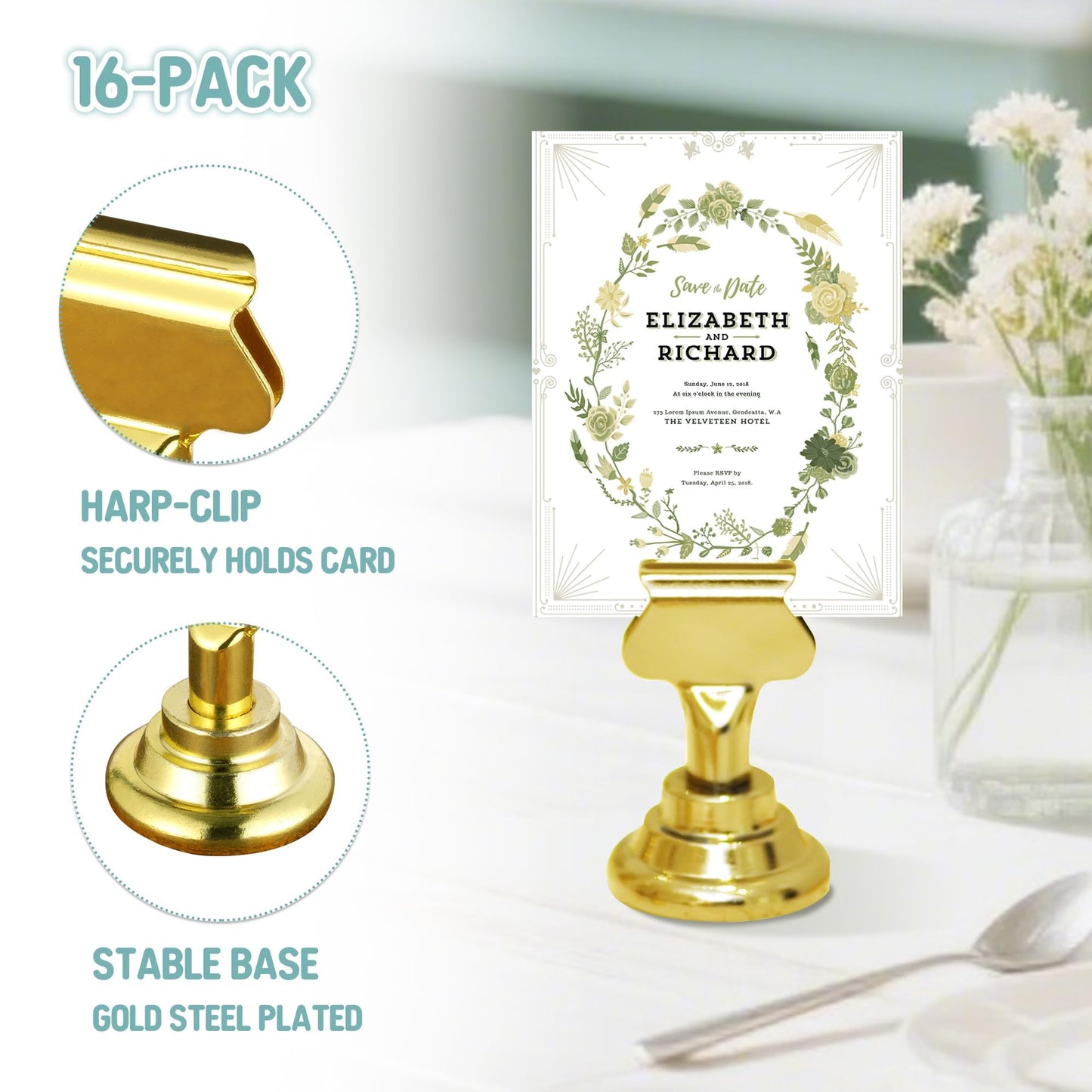ERYTLLY 24 PK Place Card Holders 1.7 inches Table Card Holder Steel Card Holders for Weddings,Birthdays,Photos, Memo Notes, Restaurants (Gold 24PK)