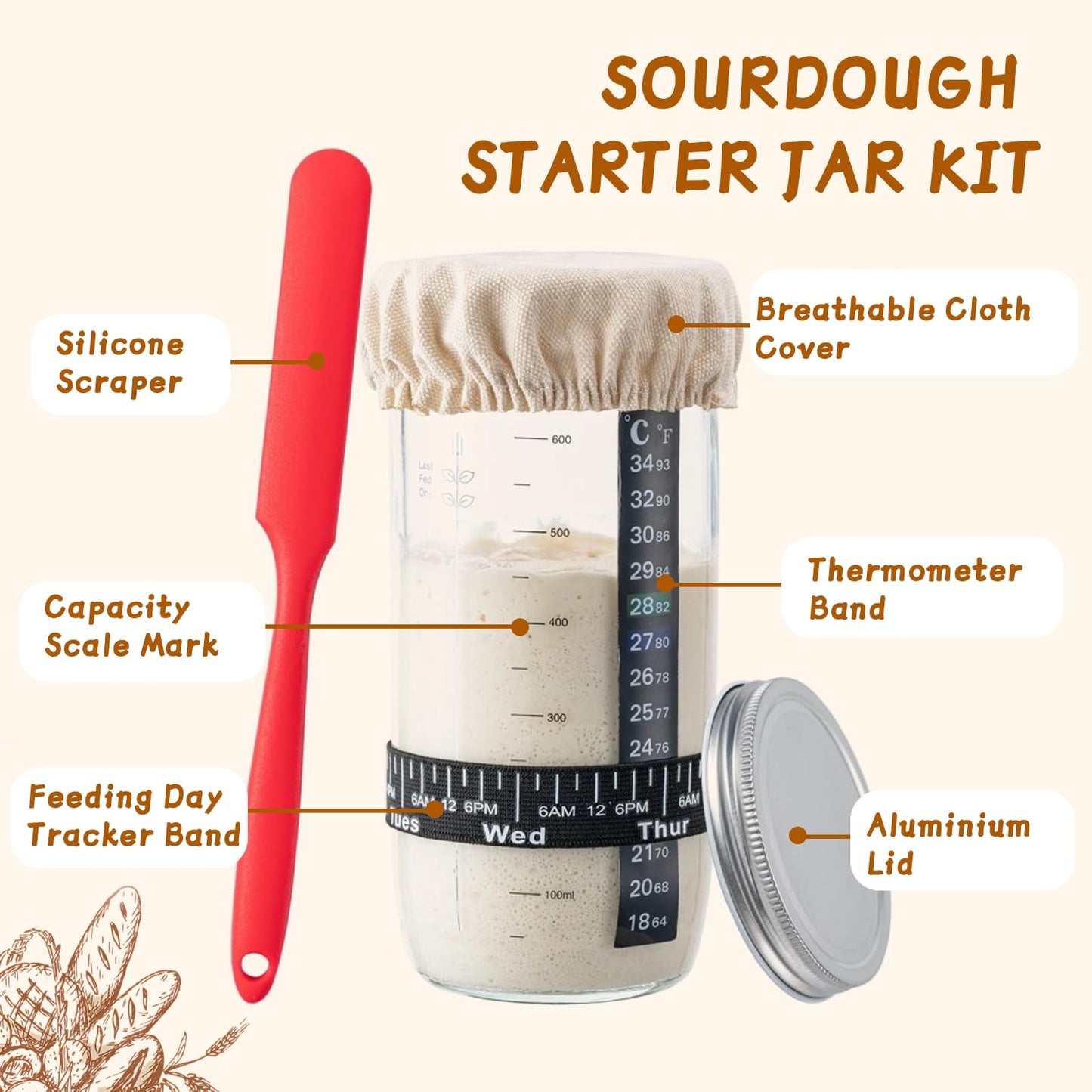 52 Pcs Sourdough Starter Kit, Sourdough Bread Baking Supplies with 9" Round & 10" Oval Banneton Bread Proofing Basket, Cooling Rack, Sour Dough Starter Jar, Bread Making Kit Gifts for Women Wife Mom