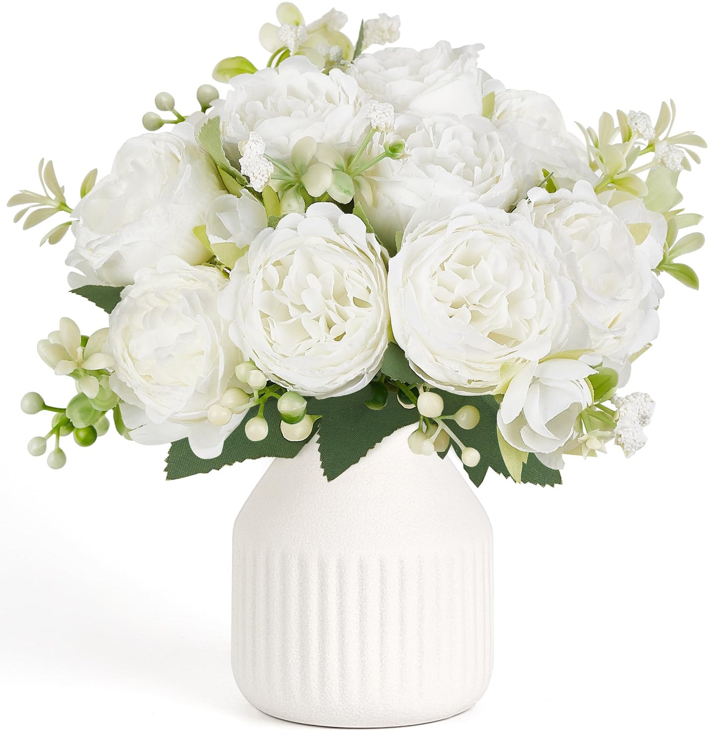 Mkono Fake Flowers in Vase 9 inches Artificial Flower Centerpieces Coffee Table Decorations Silk Flowers Arrangements for Home Desk Shelf Dining Room Kitchen Wedding Decor (White)