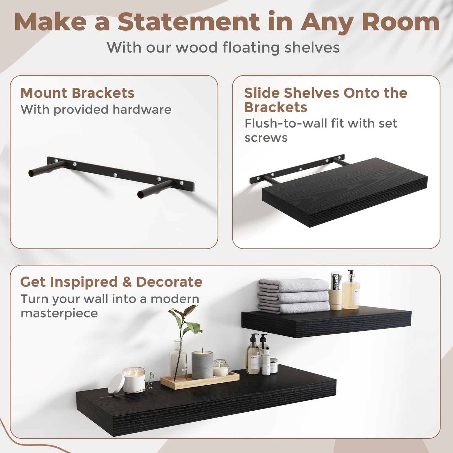 30 Inch Floating Shelves for Wall Set of 2, 12"D Wood Grain Bathroom Shelves with Invisible Brackets, Easy Install Engineered Wood Storage Shelves for Kitchen, Living Room, Bedroom, Black Finish