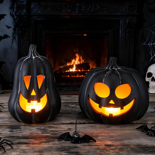 Tioncy 2 Pack Terracotta Pumpkin Decoration Handmade Brown Clay Pumpkin Jack-o-Lantern Halloween Tealight Holder Rustic Farmhouse Fall Home Decor for Table Porch Mantel Indoor Centerpieces (Black)