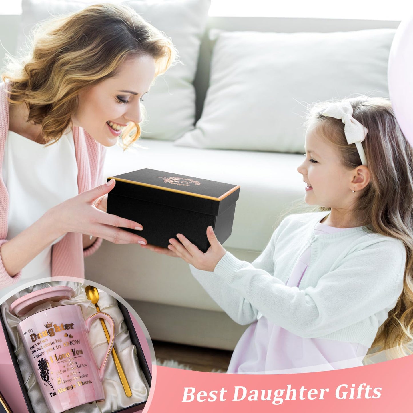 Daughter Birthday Gifts from Mom Dad - Unique 14oz Pink Marble Gold Print Coffee Mug, Lid, Spoon, Greeting Card, Presents for Wedding Blessing, Thanksgiving, Valentines, Graduation, Nice Gift Boxed