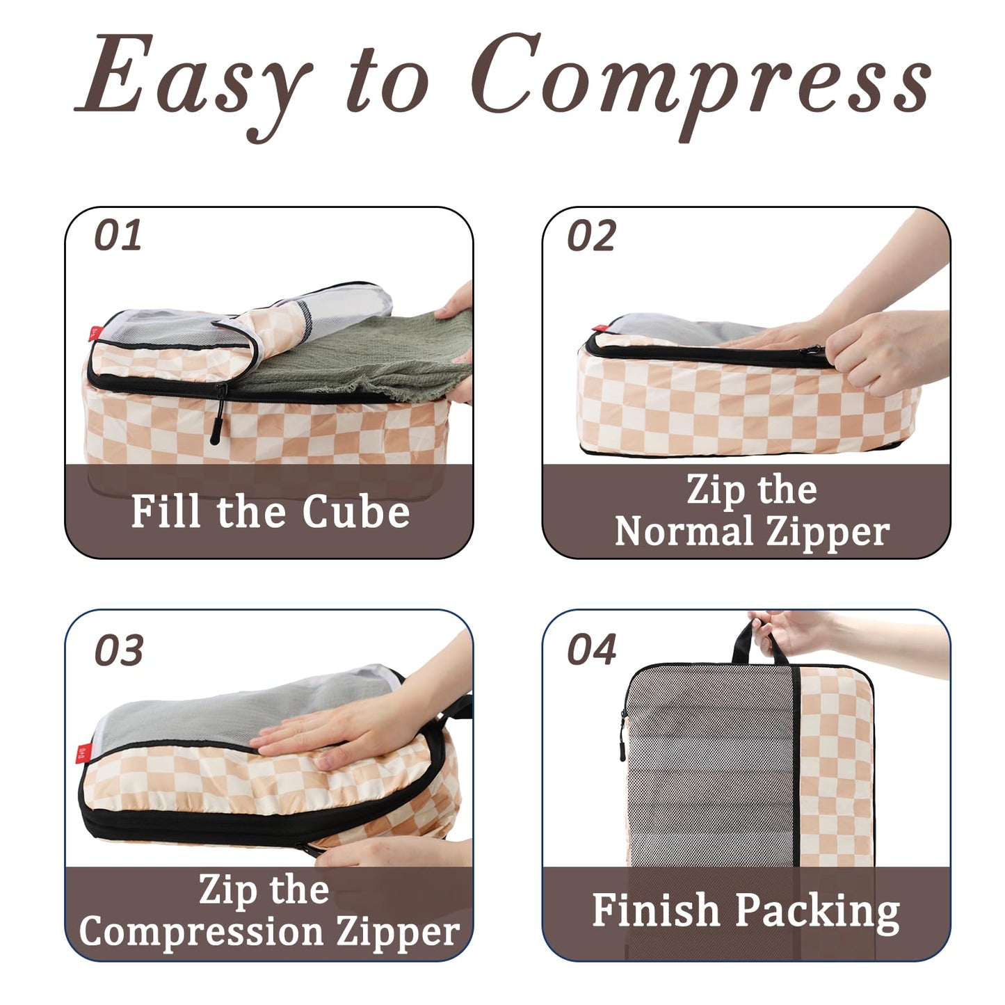 U+U 10 Set Compression Packing Cubes - Ultralight Travel Organizers with Laundry Bag and Cosmetic Bag, Space-Saving Suitcase Organizer for Travel, Business Trip and Family Vacation (Khaki Checkered)