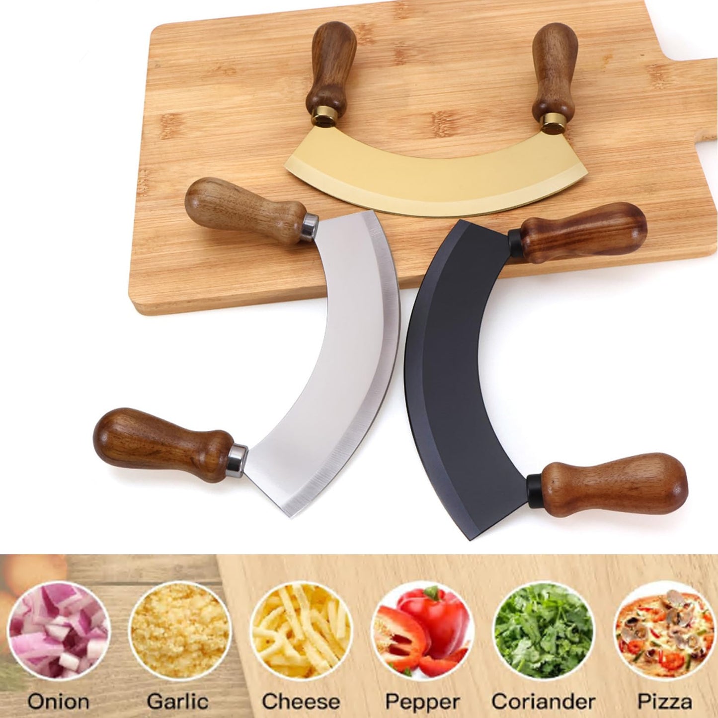 ROQILA 6.8 Inch Stainless Steel Mezzaluna Knife - Salad Chopper Rocker Pizza Cutter Rocker Knife Curved Blade Sharp Blade Double Acacia Wood Handle Fruit Vegetable Mincing (6.8 Inch Silver)