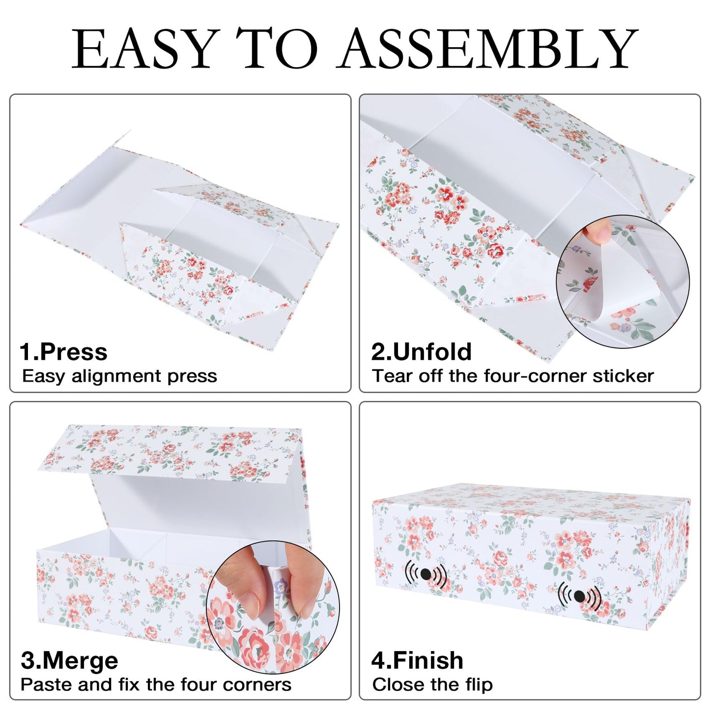 LFBOX Rose Floral Gift Box with Magnetic Lids 13.8x8.3x4.4 in, Large Bridesmaid Proposal Boxes, Rectangle Wedding Decorative Storage Box 5 Pack