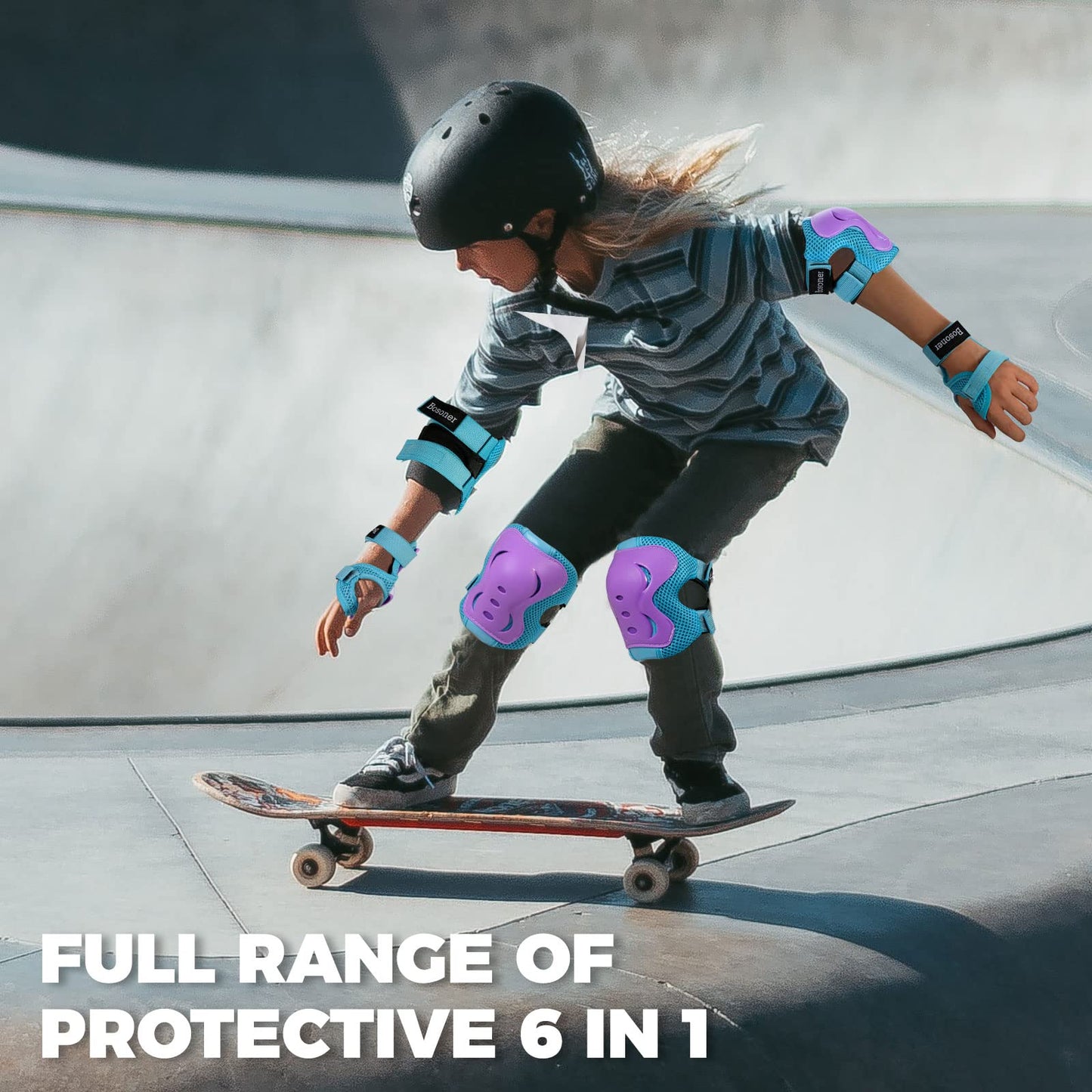 BOSONER Knee Pads for Kids Roller-Skating - Adjustable Protective Gear Set Knee Elbow Pads Wrist Guards for Bike Cycling Skateboarding Scooter Gifts 3-8/9-15 Years Boys Girls (Blue Purple)