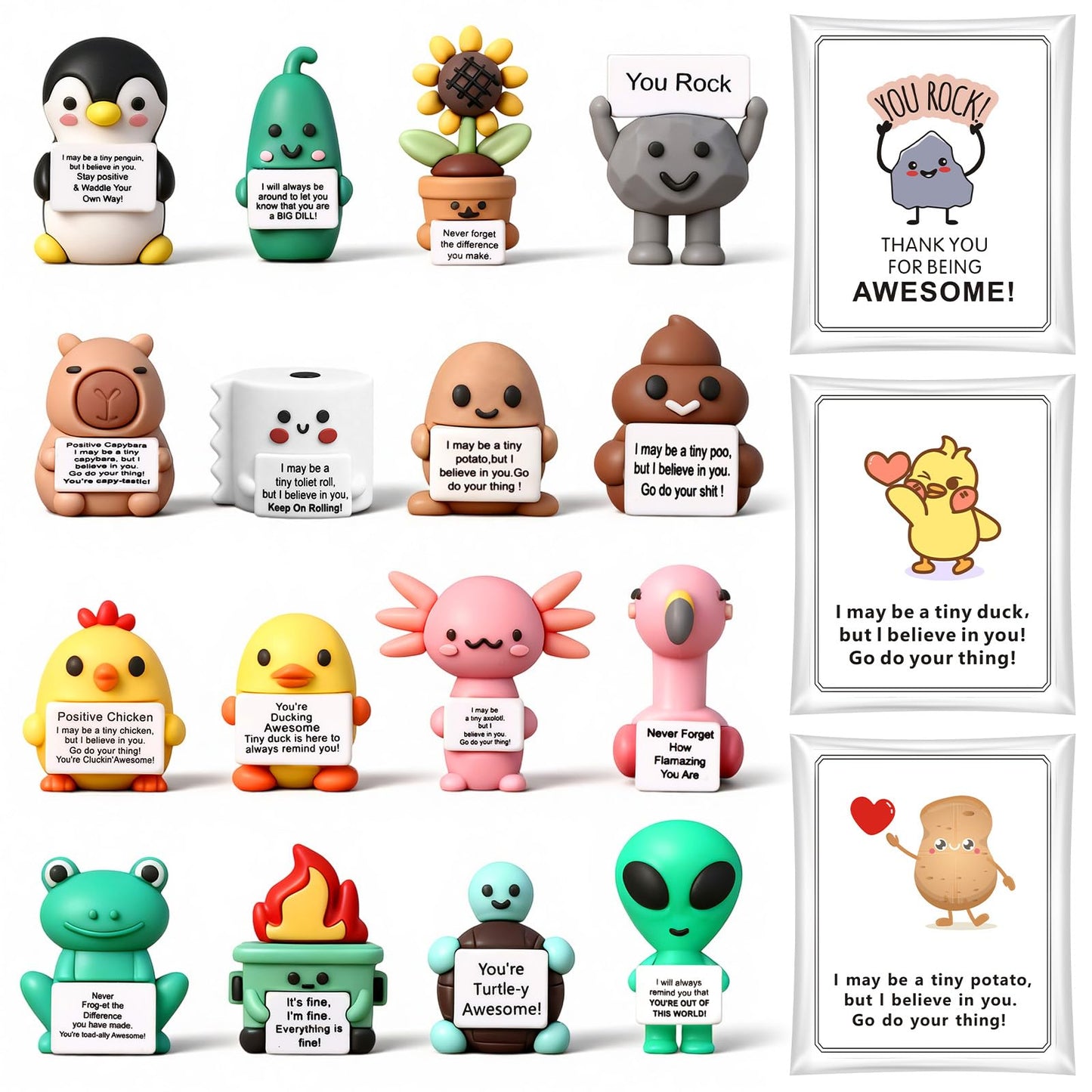 Gejoy 16 Sets Positive Mini Figures Gifts Mini Rubber Toy with Positive Card Bags Miniature Motivational Birthday Gifts to Hide and Seek Encouragement Decorations for Staff Employees Colleague