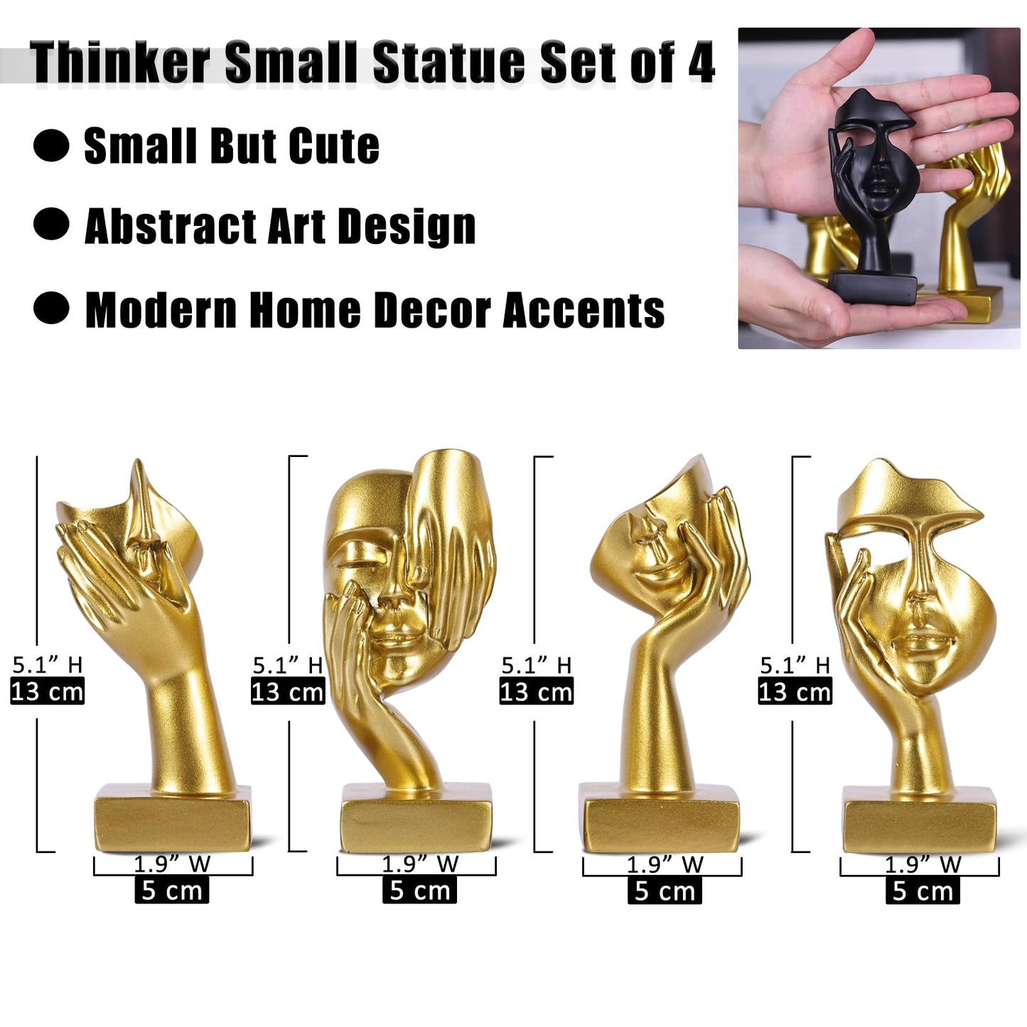 oliruim Gold Abstract Thinker Figurine Set of 4, Home Art Face Small Statue for Accents Decor Women Bedroom Shelf Bookcase Room Desk, TV Stand, Coffee Table Decor, Art Sculpture Gifts for Women (Gold)