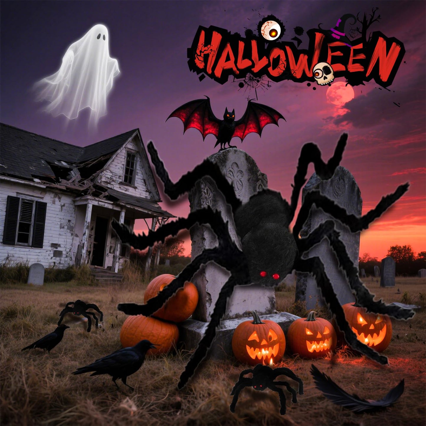 Giant Spider 6.6 Ft + 0.98 Ft*2, Halloween Decorations 78" Fake Halloween Decor Spiders Large, Furry Spiders for Outdoor Indoor Yard Home Costumes Party House Décor, 3 Pack