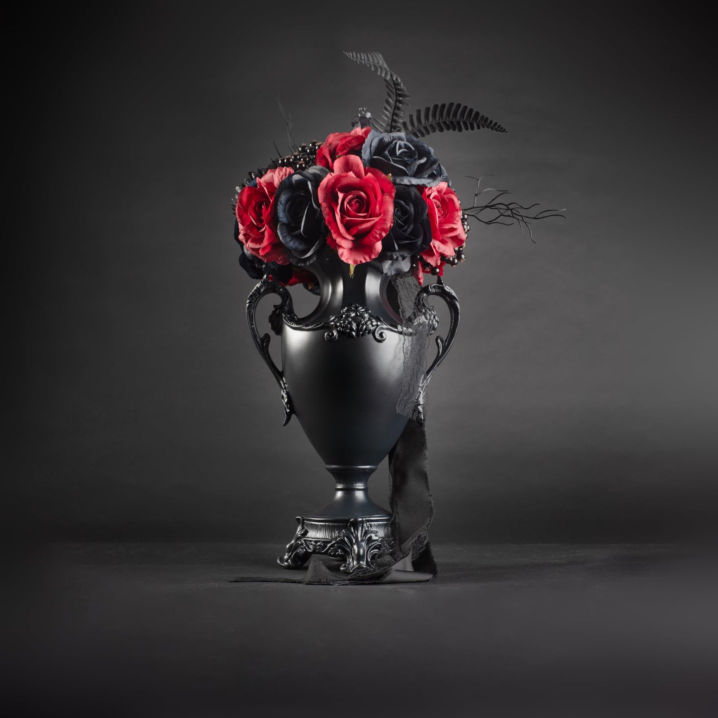 DARK GOTVIC Gothic Victorian Resin Vase with Lace Doily – Waterproof 14" Black Vase for Fresh and Artificial Flowers – Goth Home Decor, Gift, Black Wedding or Halloween Table Centerpiece