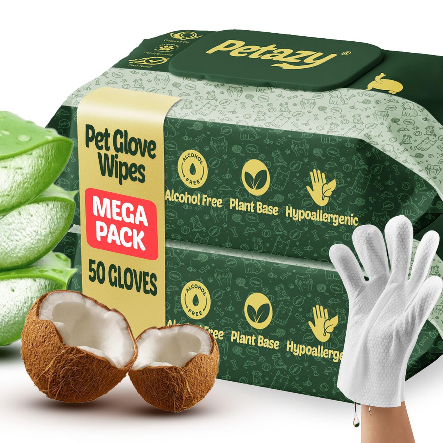 Petazy Pet Glove Wipes for Dogs & Cats – Hypoallergenic Thick Cleaning Gloves with Aloe & Coconut Oil for Paws, Face, Ears & Butt, Instant No Rinse Grooming Wipes to Deodorize and Hydrate, 50 Pack